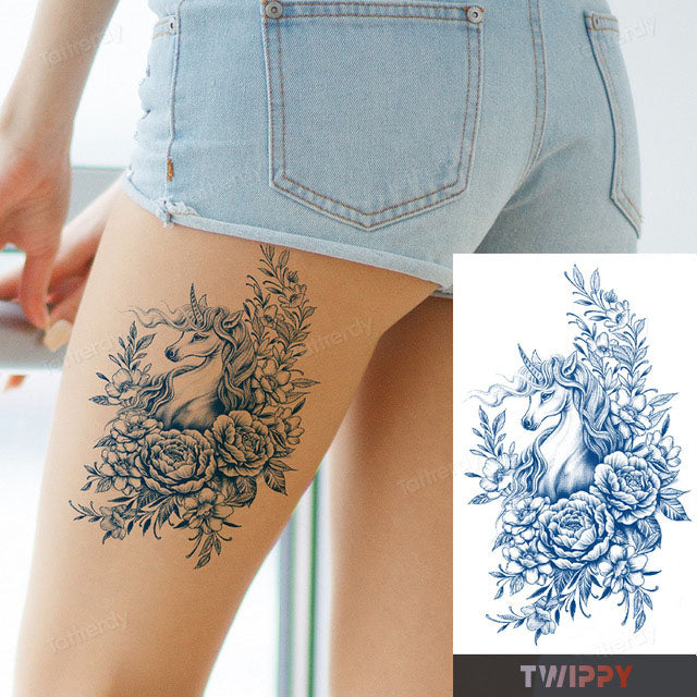 Realistische tijdelijke nep tattoo - Bloem en eenhoorn