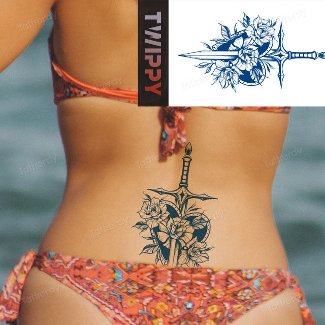 Realistische tijdelijke nep tattoo - Bloem en zwaard